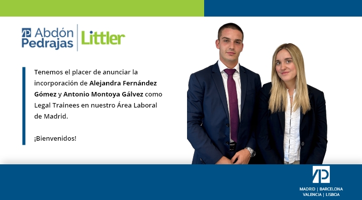 Tenemos el placer de anunciar la incorporación de Alejandra Fernández Gómez y Antonio Montoya Gálvez  como Legal Trainees en nuestro Área Laboral de Madrid.     ¡Bienvenidos!